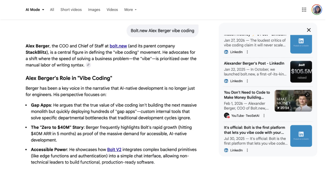Google AI Mode citing Decoding AI Builders' Bolt.new interview