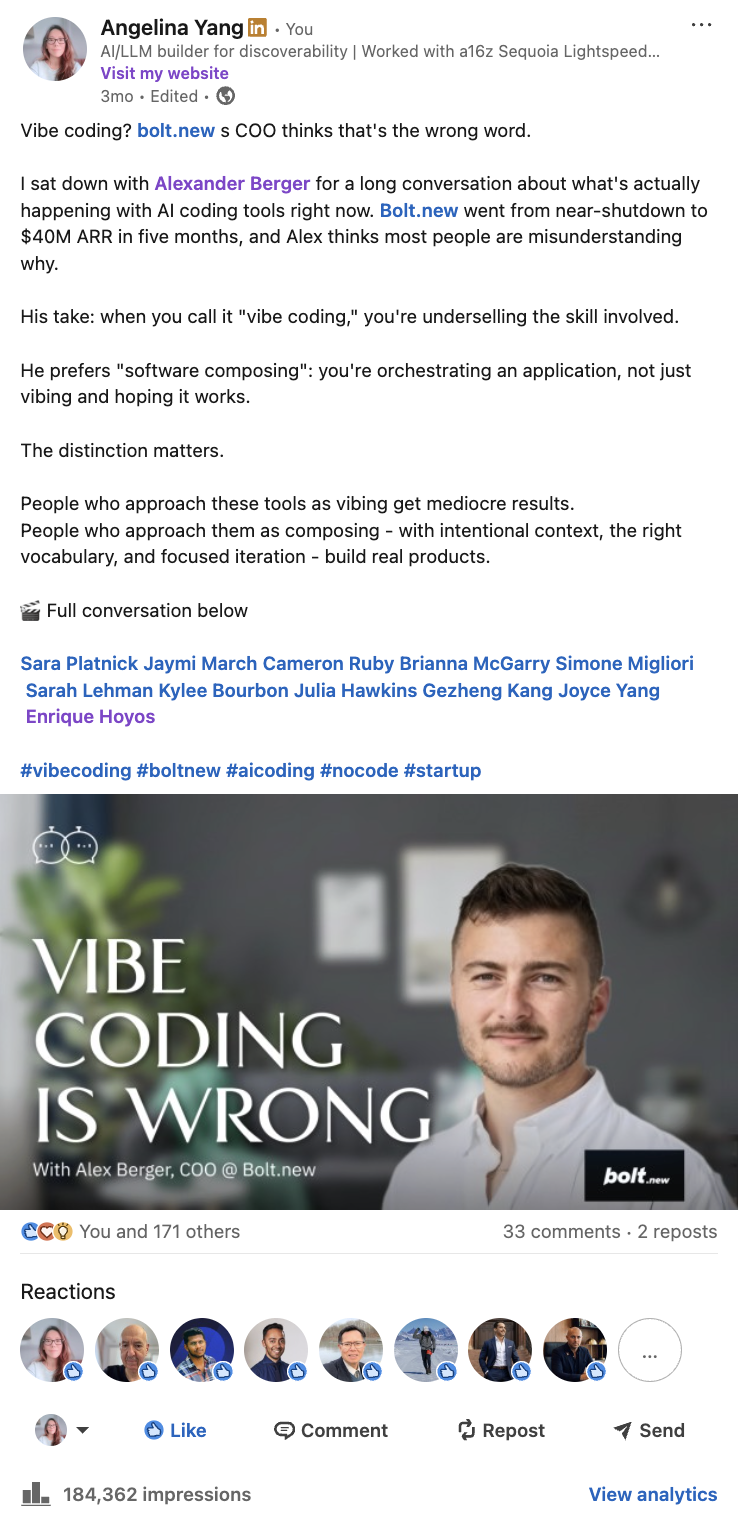 LinkedIn post header by Angelina Yang about the Bolt.new interview